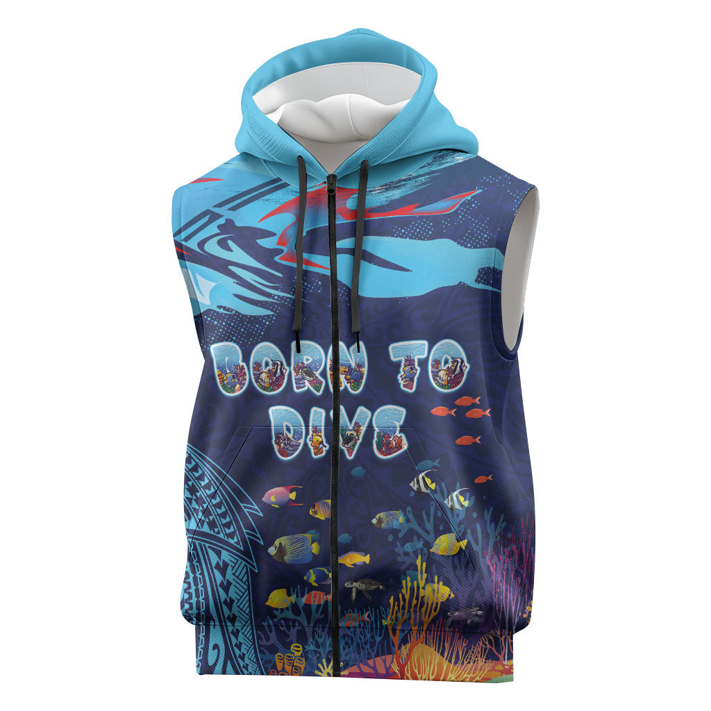 Personalized Hawaii Diving Sleeveless Zip Hoodie Tribal Pattern with Ocean Floor LT03 Multicolor - Polynesian Pride