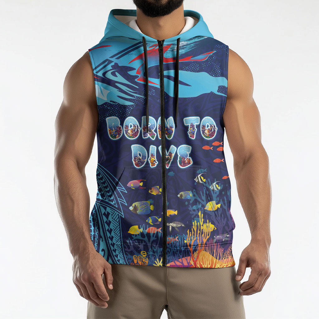 Personalized Hawaii Diving Sleeveless Zip Hoodie Tribal Pattern with Ocean Floor LT03 - Polynesian Pride