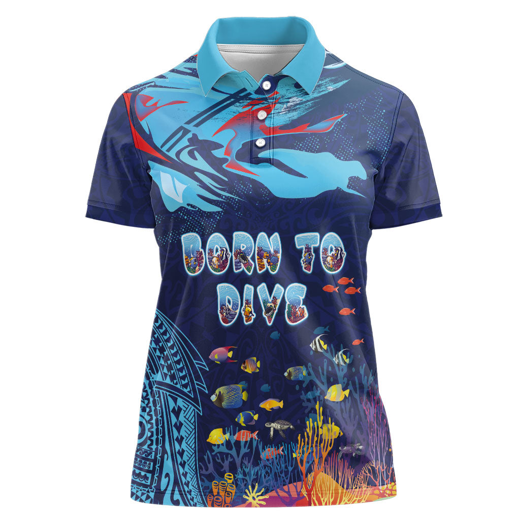 Personalized Hawaii Diving Women Polo Shirt Tribal Pattern with Ocean Floor LT03 Female Multicolor - Polynesian Pride