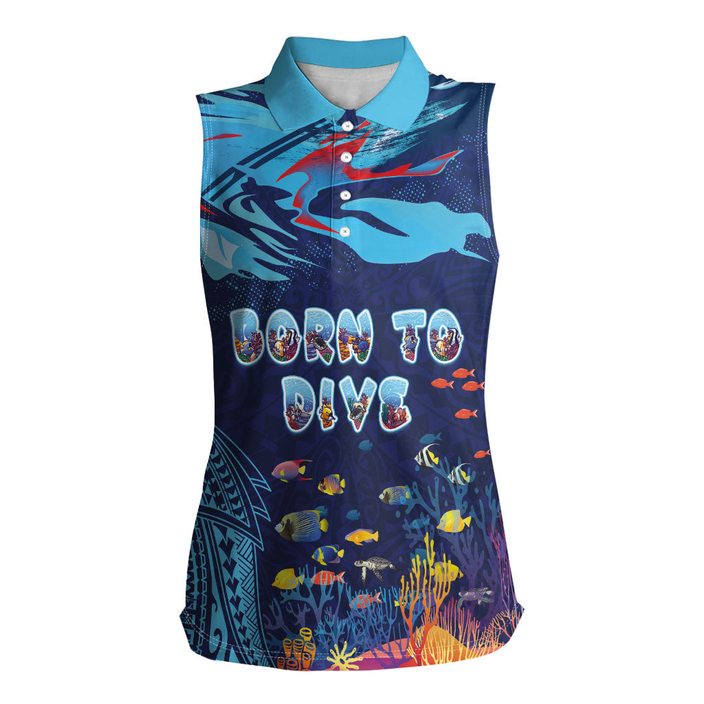 Personalized Hawaii Diving Women Sleeveless Polo Shirt Tribal Pattern with Ocean Floor LT03 Female Multicolor - Polynesian Pride