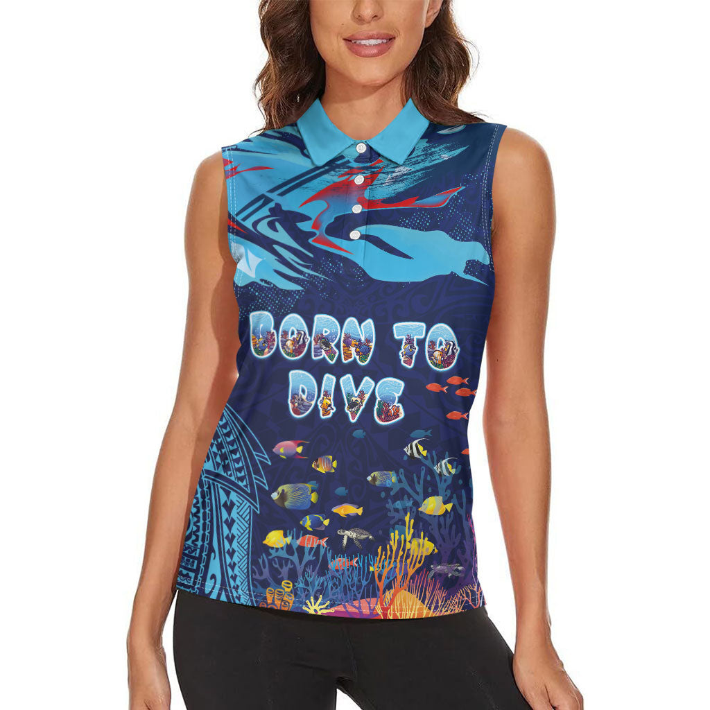 Personalized Hawaii Diving Women Sleeveless Polo Shirt Tribal Pattern with Ocean Floor LT03 - Polynesian Pride