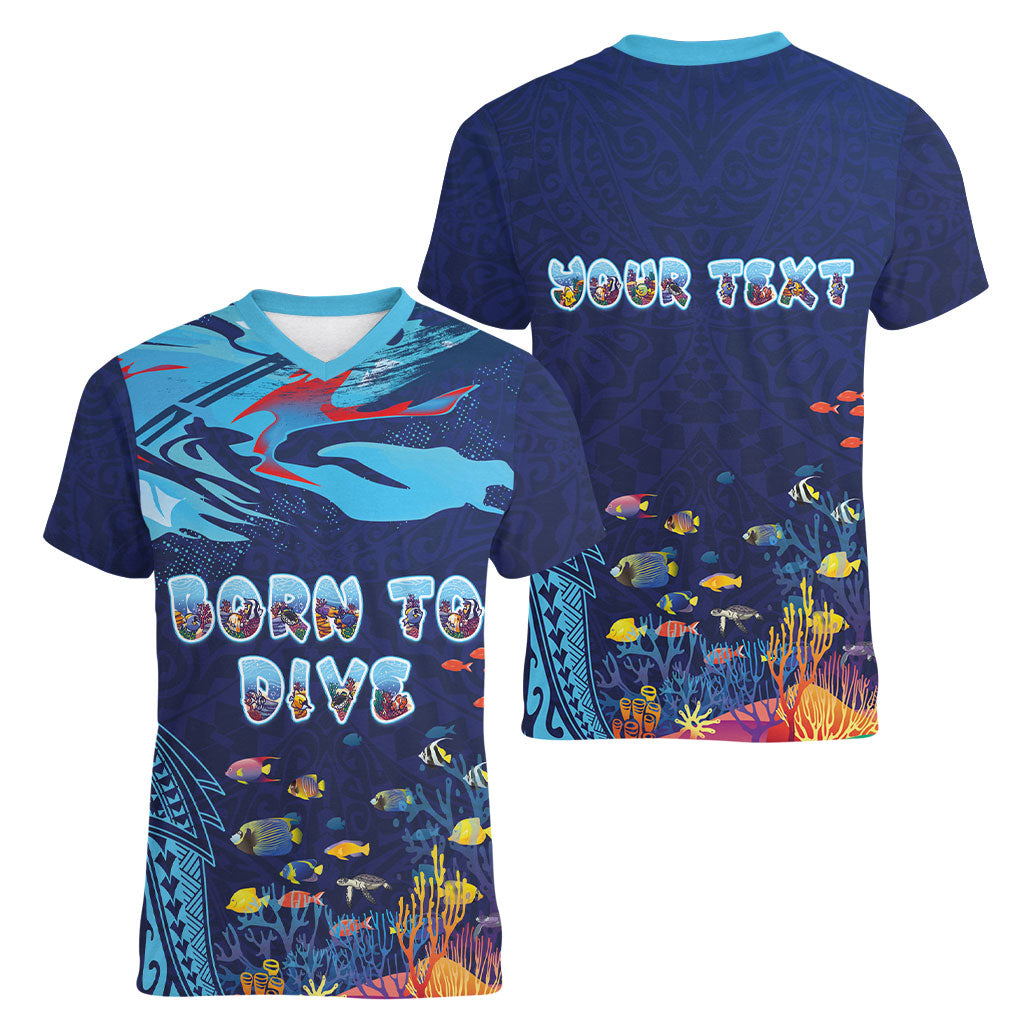 Personalized Hawaii Diving Women V-Neck T-Shirt Tribal Pattern with Ocean Floor LT03 - Polynesian Pride