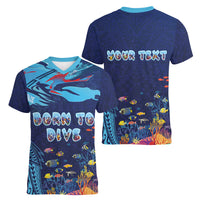 Personalized Hawaii Diving Women V-Neck T-Shirt Tribal Pattern with Ocean Floor LT03 - Polynesian Pride