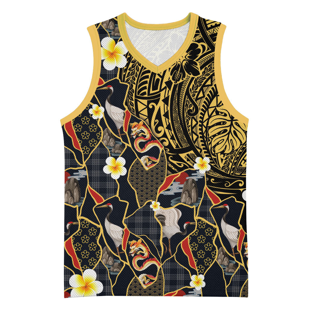 Hawaiian and Japanese Basketball Jersey Polynesian Tattoo with Japanese Culture Kintsugi Style
