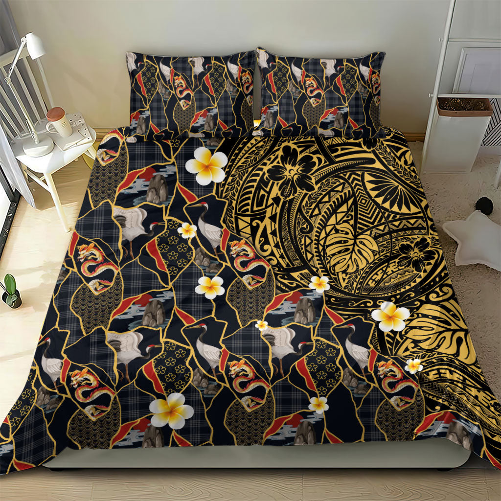 Hawaiian and Japanese Bedding Set Polynesian Tattoo with Japanese Culture Kintsugi Style LT03 - Polynesian Pride