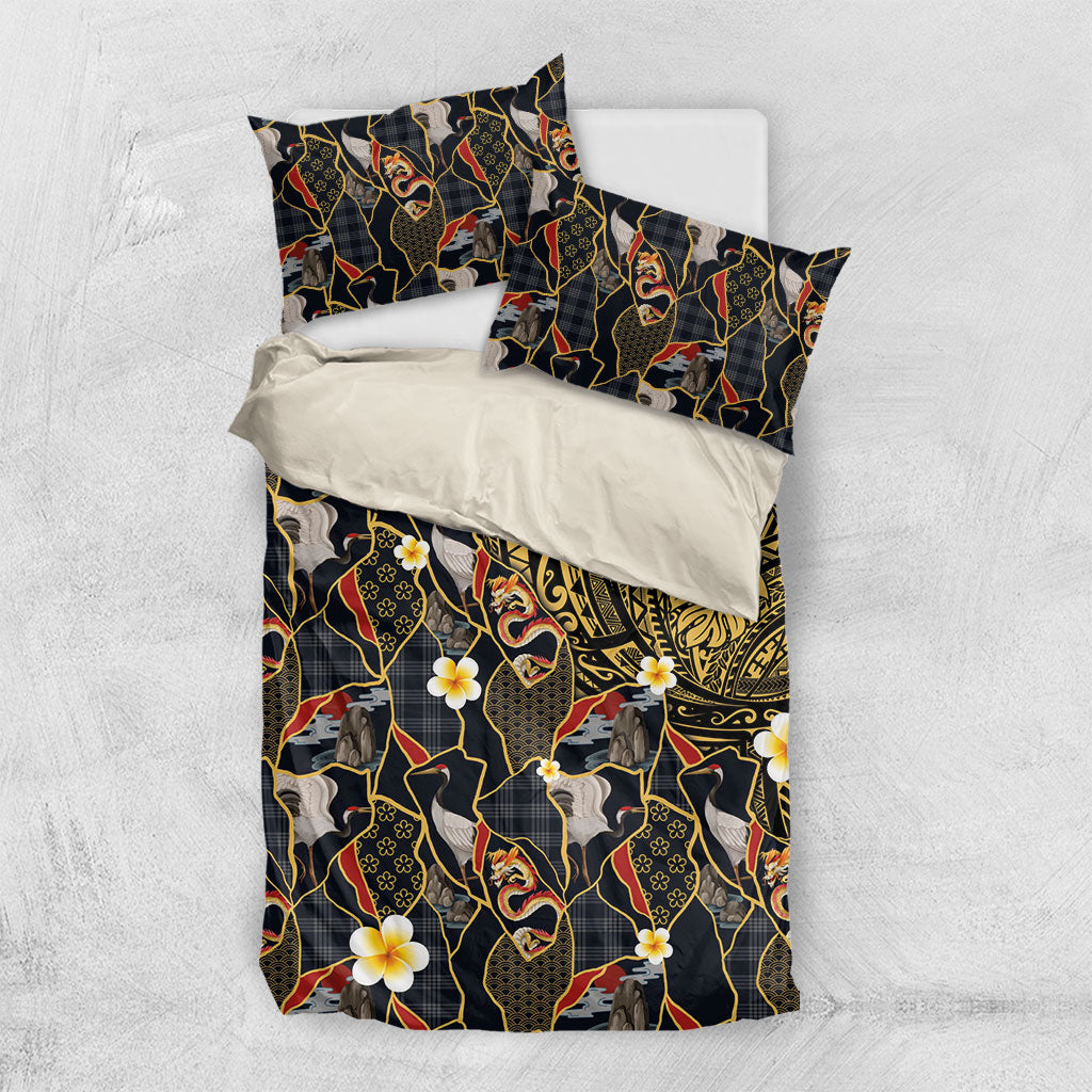 Hawaiian and Japanese Bedding Set Polynesian Tattoo with Japanese Culture Kintsugi Style LT03 US Twin 172cm x 218cm Multicolor - Polynesian Pride