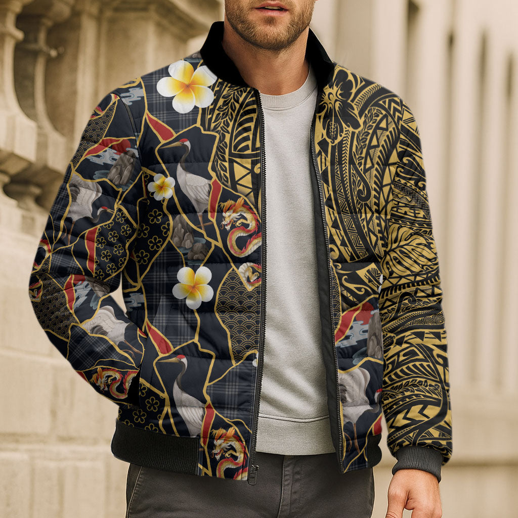 Hawaiian and Japanese Bomber Puffer Jacket Polynesian Tattoo with Japanese Culture Kintsugi Style LT03 - Polynesian Pride