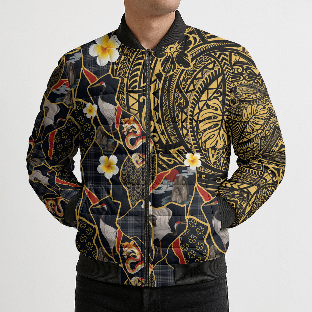 Hawaiian and Japanese Bomber Puffer Jacket Polynesian Tattoo with Japanese Culture Kintsugi Style LT03 - Polynesian Pride