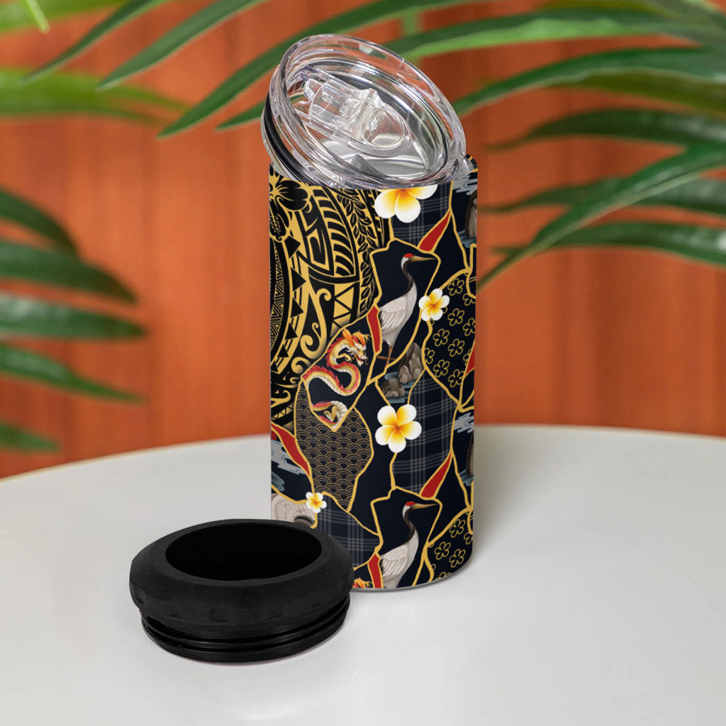 Hawaiian and Japanese 4 in 1 Can Cooler Tumbler Polynesian Tattoo with Japanese Culture Kintsugi Style LT03 - Polynesian Pride