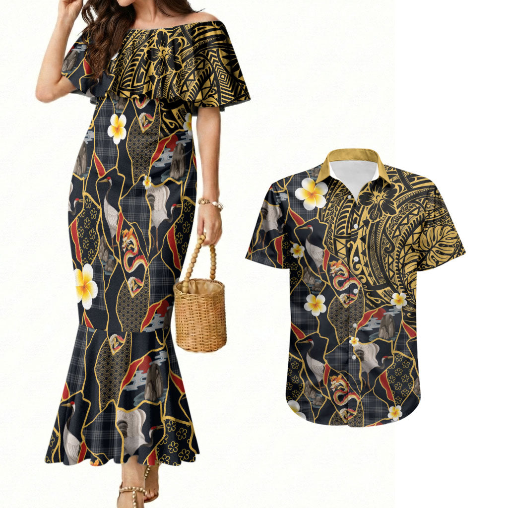 Hawaiian and Japanese Couples Matching Mermaid Dress and Hawaiian Shirt Polynesian Tattoo with Japanese Culture Kintsugi Style