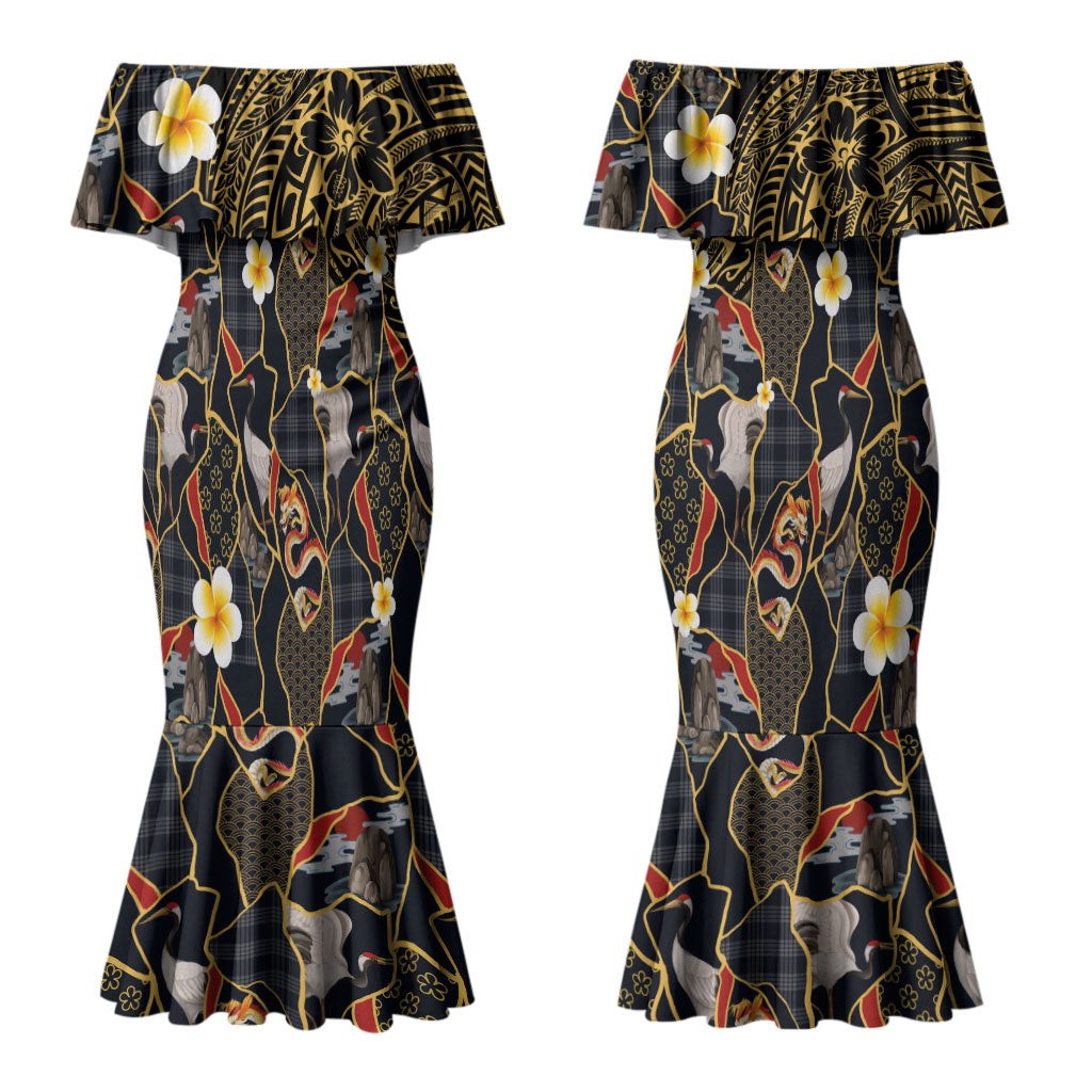 Hawaiian and Japanese Couples Matching Mermaid Dress and Hawaiian Shirt Polynesian Tattoo with Japanese Culture Kintsugi Style LT03 - Polynesian Pride