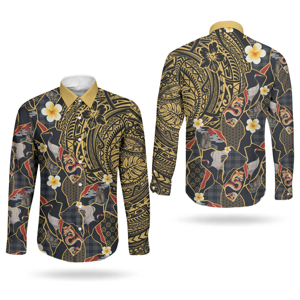 Hawaiian and Japanese Couples Matching Off Shoulder Maxi Dress and Long Sleeve Button Shirt Polynesian Tattoo with Japanese Culture Kintsugi Style LT03 - Polynesian Pride