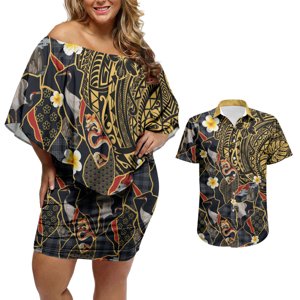 Hawaiian and Japanese Couples Matching Off Shoulder Short Dress and Hawaiian Shirt Polynesian Tattoo with Japanese Culture Kintsugi Style LT03 Multicolor - Polynesian Pride