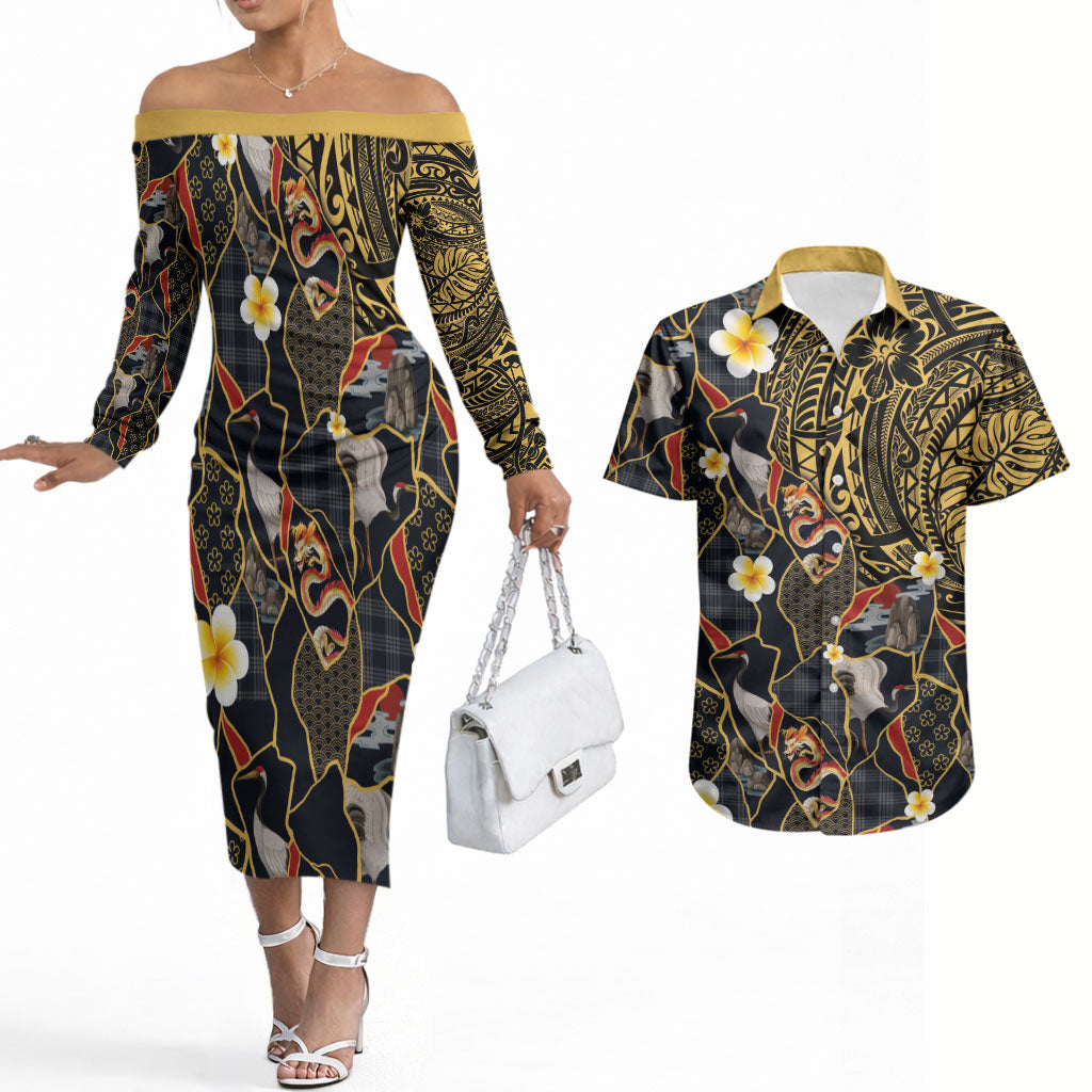 Hawaiian and Japanese Couples Matching Off The Shoulder Long Sleeve Dress and Hawaiian Shirt Polynesian Tattoo with Japanese Culture Kintsugi Style