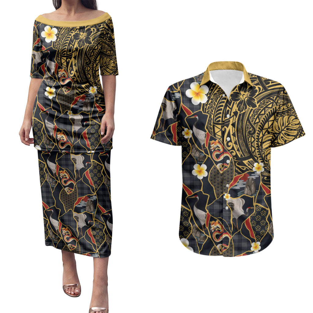 Hawaiian and Japanese Couples Matching Puletasi and Hawaiian Shirt Polynesian Tattoo with Japanese Culture Kintsugi Style