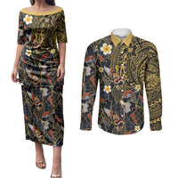 Hawaiian and Japanese Couples Matching Puletasi and Long Sleeve Button Shirt Polynesian Tattoo with Japanese Culture Kintsugi Style LT03 Multicolor - Polynesian Pride
