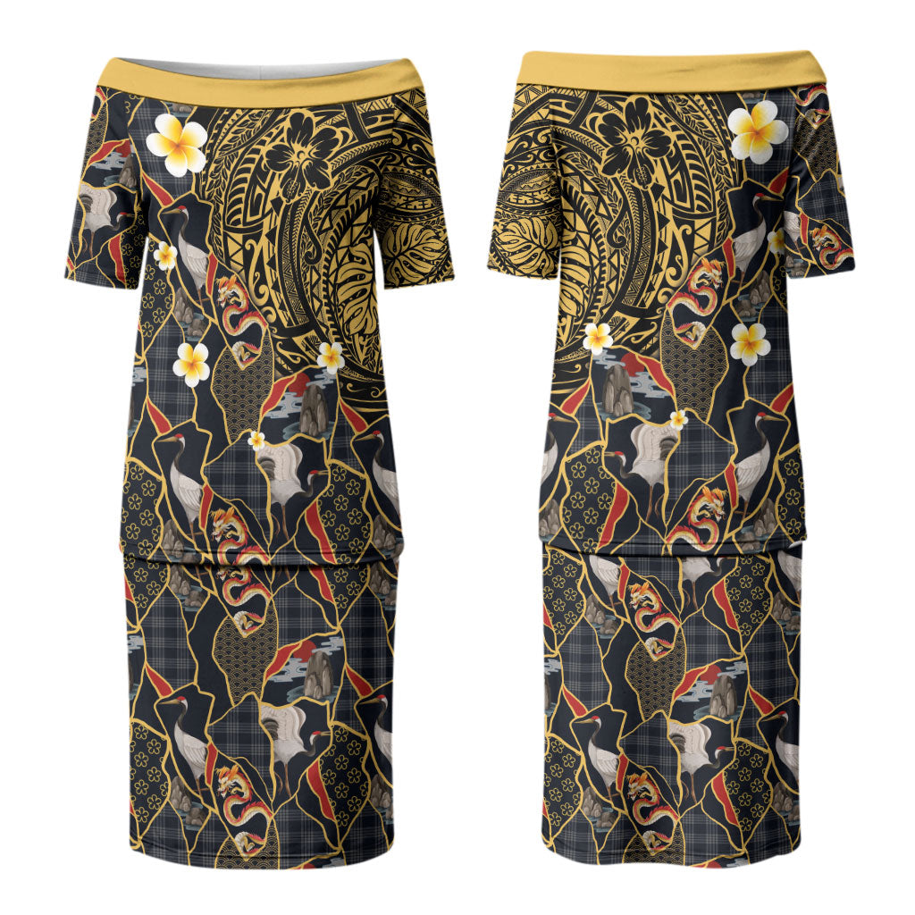 Hawaiian and Japanese Couples Matching Puletasi and Long Sleeve Button Shirt Polynesian Tattoo with Japanese Culture Kintsugi Style LT03 - Polynesian Pride