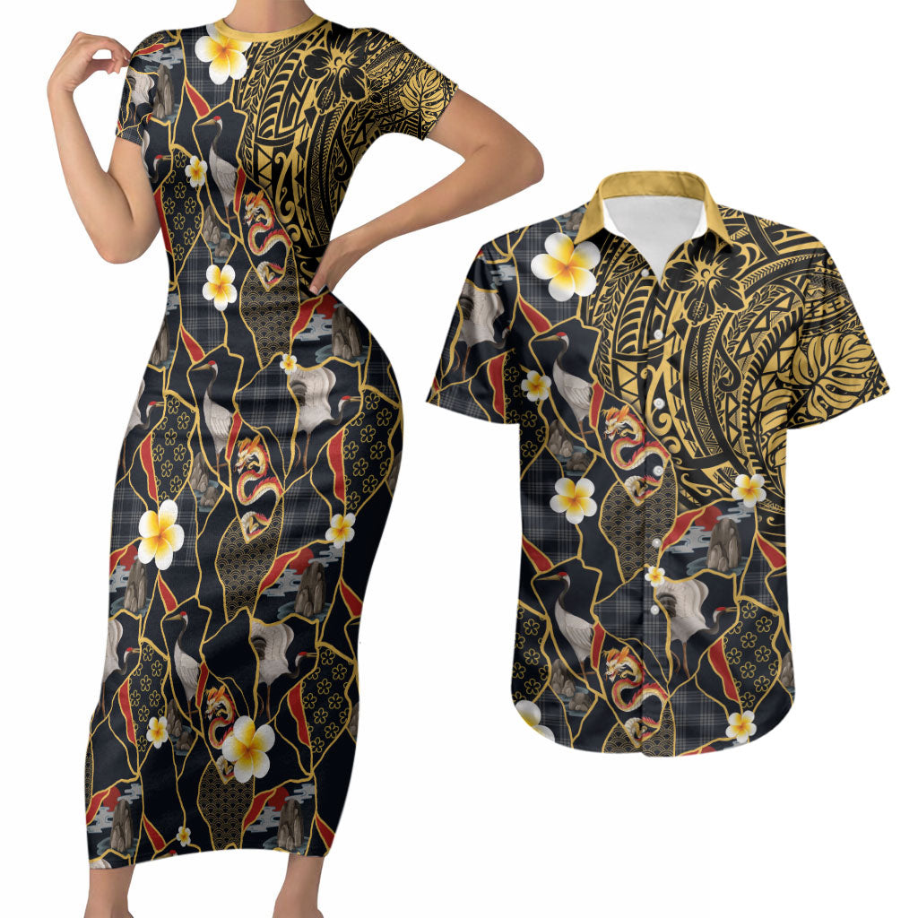 Hawaiian and Japanese Couples Matching Short Sleeve Bodycon Dress and Hawaiian Shirt Polynesian Tattoo with Japanese Culture Kintsugi Style