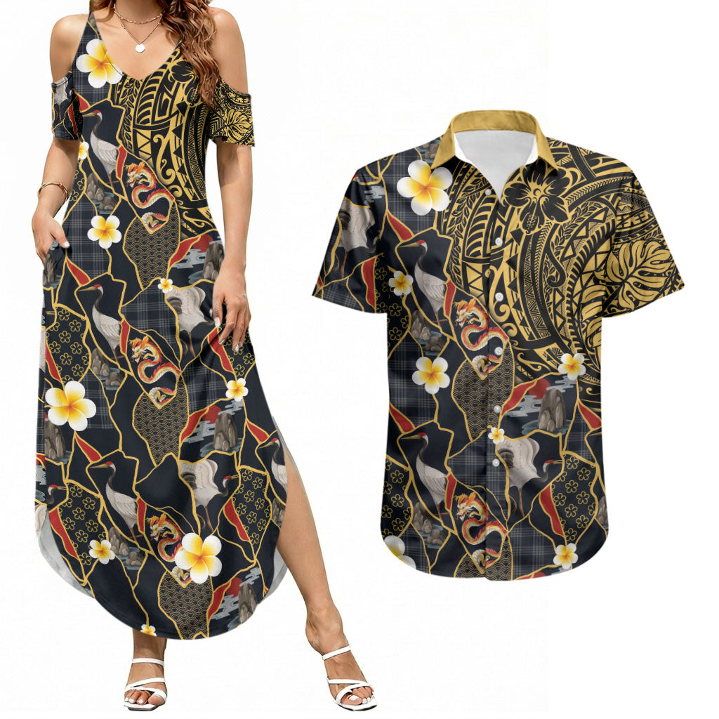 Hawaiian and Japanese Couples Matching Summer Maxi Dress and Hawaiian Shirt Polynesian Tattoo with Japanese Culture Kintsugi Style