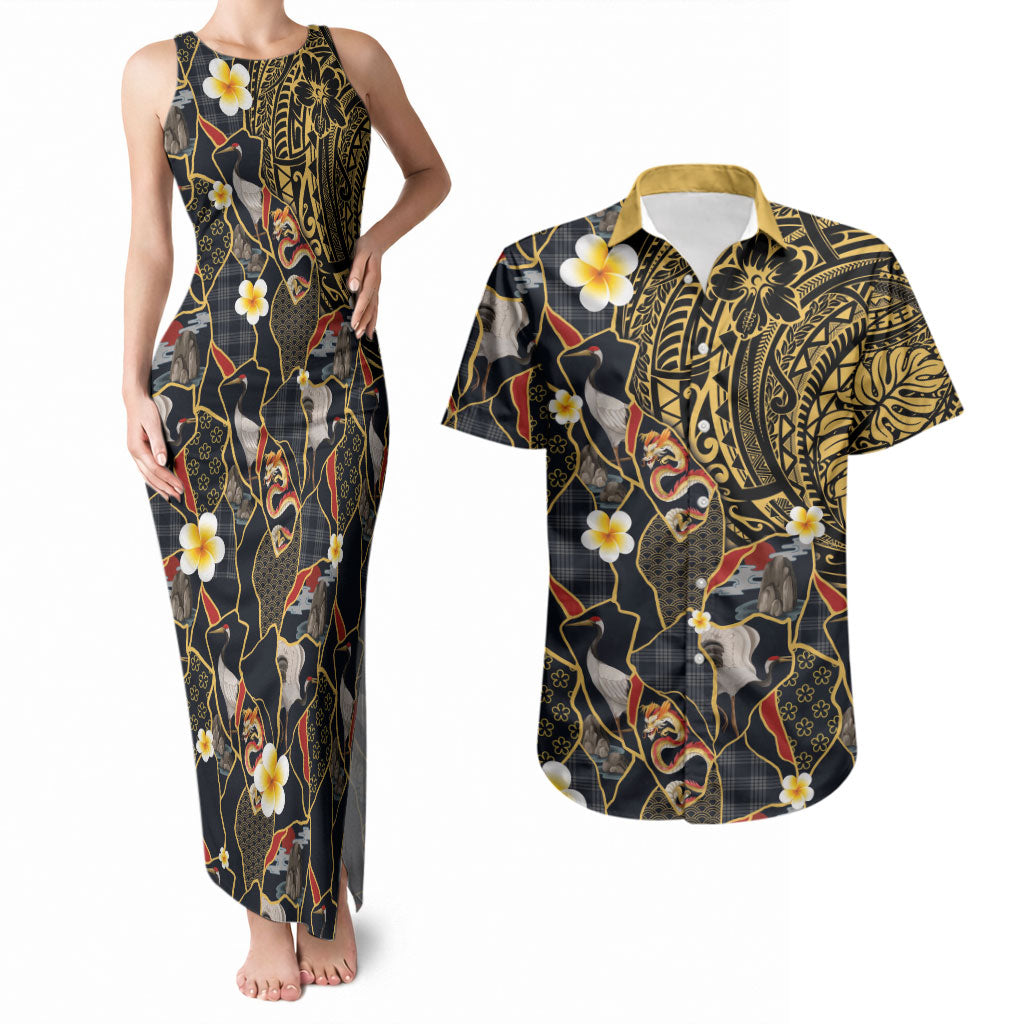 Hawaiian and Japanese Couples Matching Tank Maxi Dress and Hawaiian Shirt Polynesian Tattoo with Japanese Culture Kintsugi Style LT03 Multicolor - Polynesian Pride