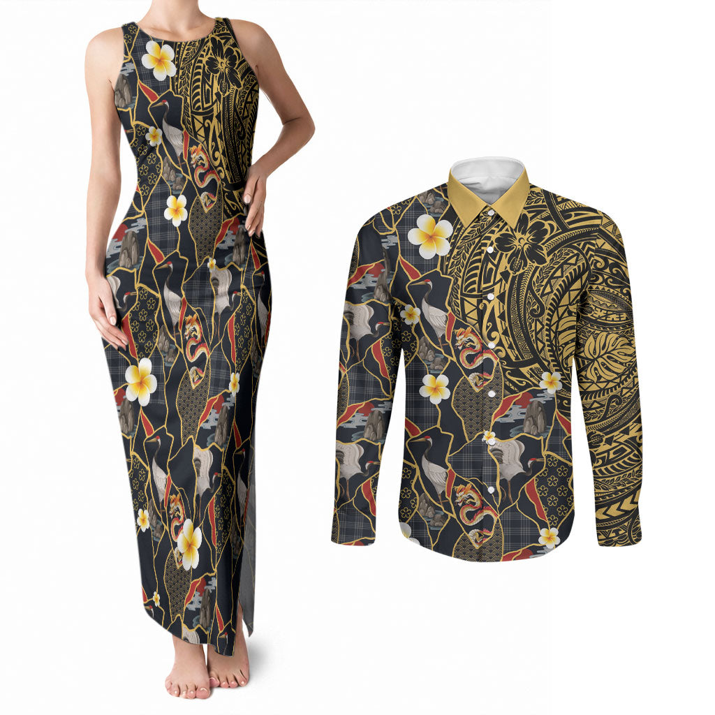 Hawaiian and Japanese Couples Matching Tank Maxi Dress and Long Sleeve Button Shirt Polynesian Tattoo with Japanese Culture Kintsugi Style LT03 Multicolor - Polynesian Pride