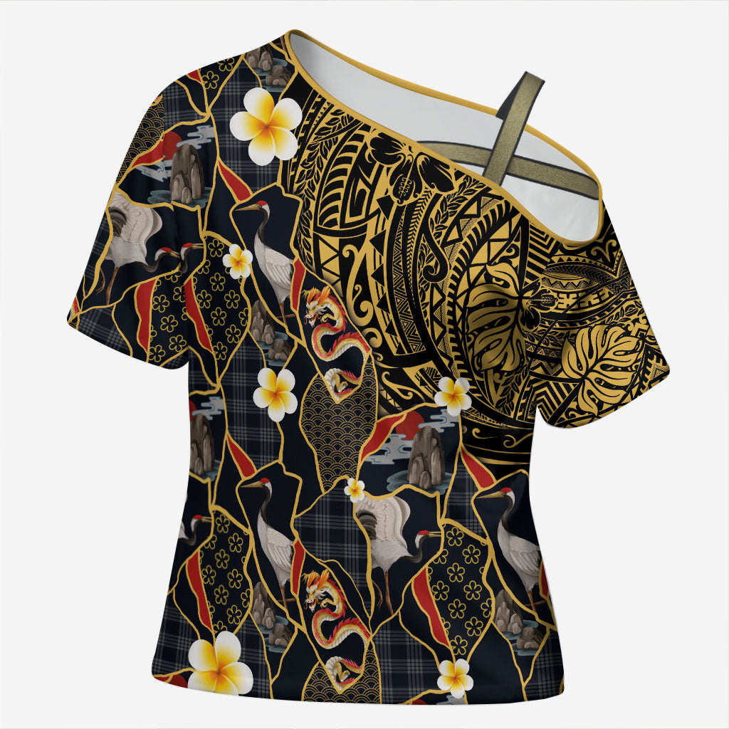 Hawaiian and Japanese Cross Shoulder Shirt Polynesian Tattoo with Japanese Culture Kintsugi Style LT03 Female Multicolor - Polynesian Pride