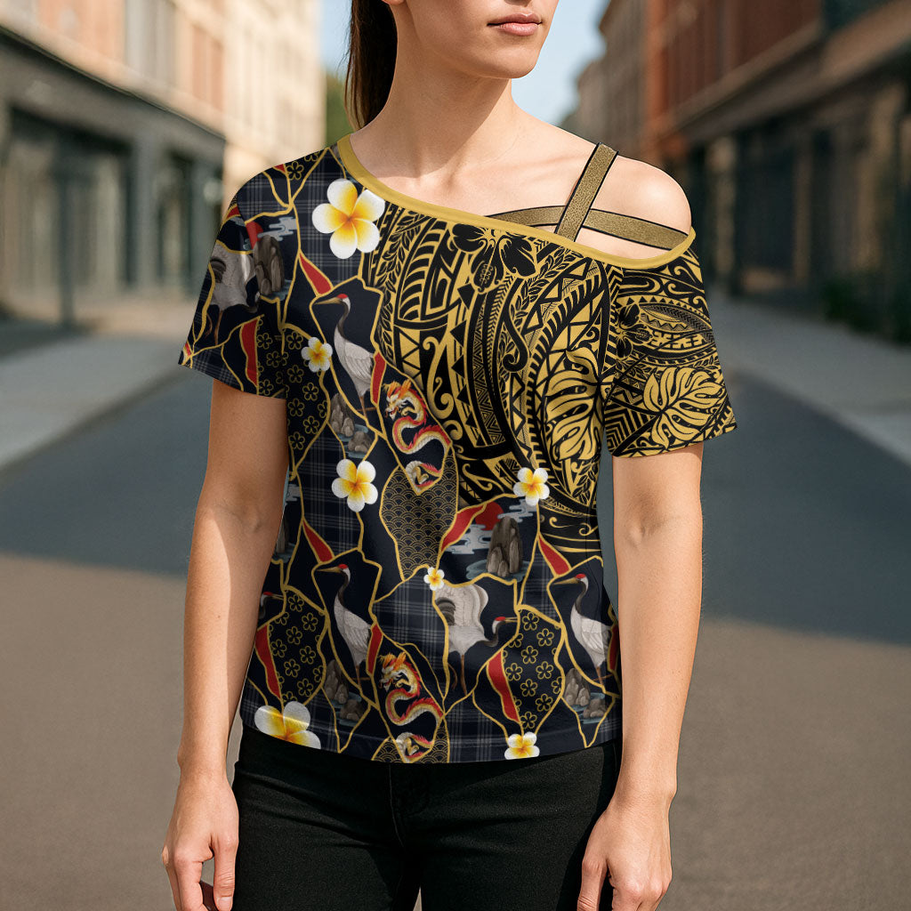 Hawaiian and Japanese Cross Shoulder Shirt Polynesian Tattoo with Japanese Culture Kintsugi Style LT03 - Polynesian Pride