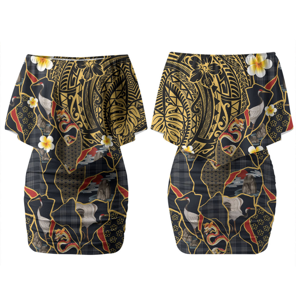Hawaiian and Japanese Family Matching Off Shoulder Short Dress and Hawaiian Shirt Polynesian Tattoo with Japanese Culture Kintsugi Style LT03 Mom's Dress Multicolor - Polynesian Pride