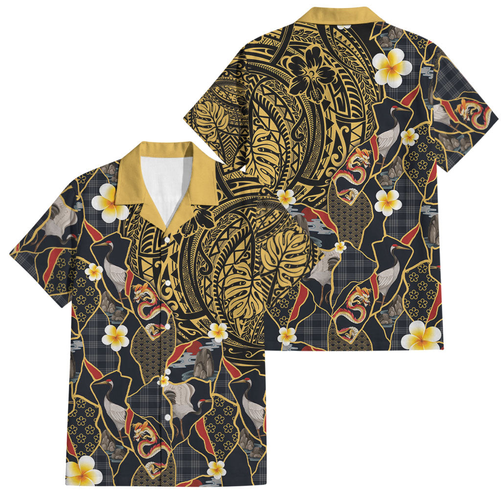 Hawaiian and Japanese Family Matching Puletasi and Hawaiian Shirt Polynesian Tattoo with Japanese Culture Kintsugi Style LT03 Dad's Shirt - Short Sleeve Multicolor - Polynesian Pride