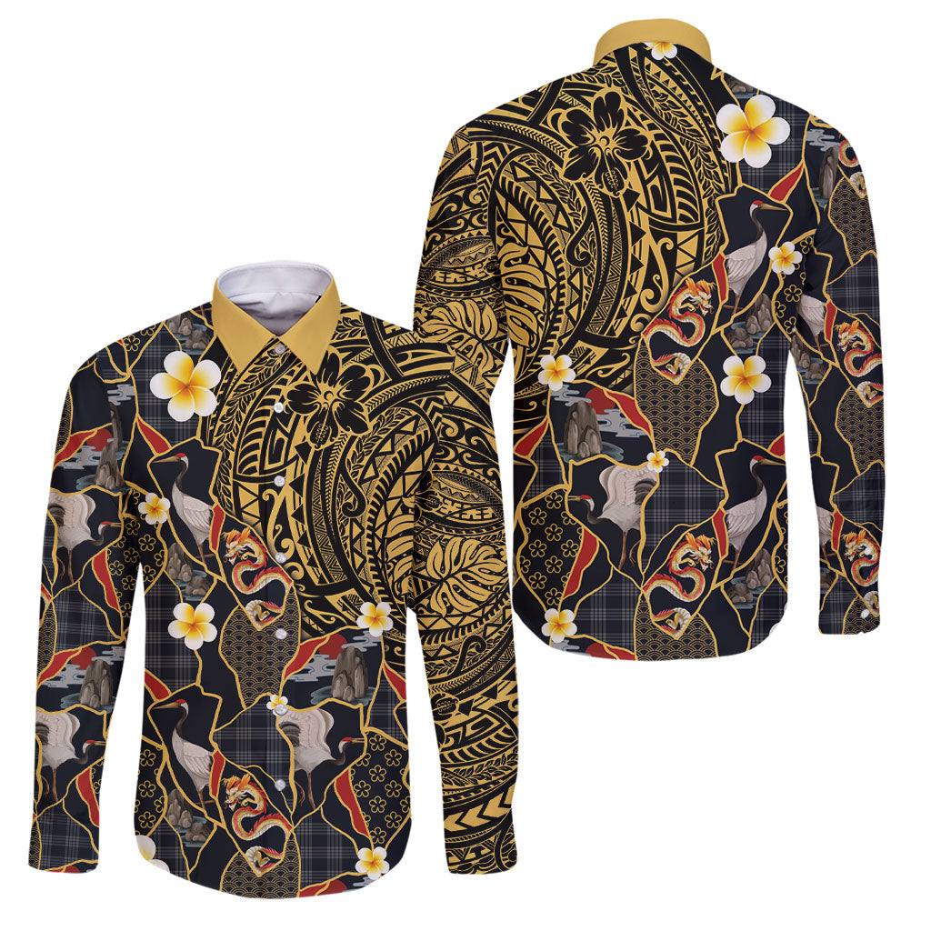 Hawaiian and Japanese Family Matching Puletasi and Hawaiian Shirt Polynesian Tattoo with Japanese Culture Kintsugi Style LT03 Dad's Shirt - Long Sleeve Multicolor - Polynesian Pride