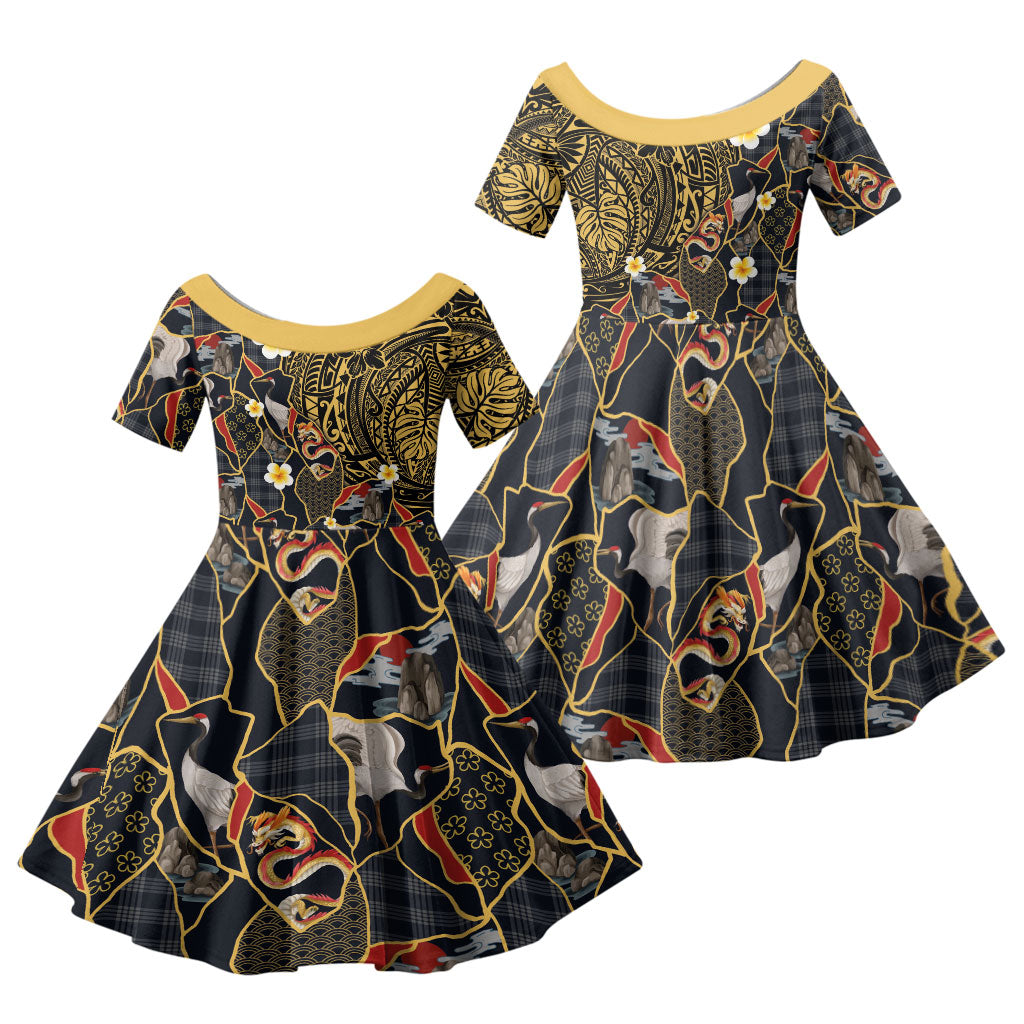 Hawaiian and Japanese Family Matching Puletasi and Hawaiian Shirt Polynesian Tattoo with Japanese Culture Kintsugi Style LT03 Daughter's Dress Multicolor - Polynesian Pride