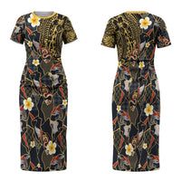 Hawaiian and Japanese Family Matching Short Sleeve Bodycon Dress and Hawaiian Shirt Polynesian Tattoo with Japanese Culture Kintsugi Style LT03 Mom's Dress Multicolor - Polynesian Pride