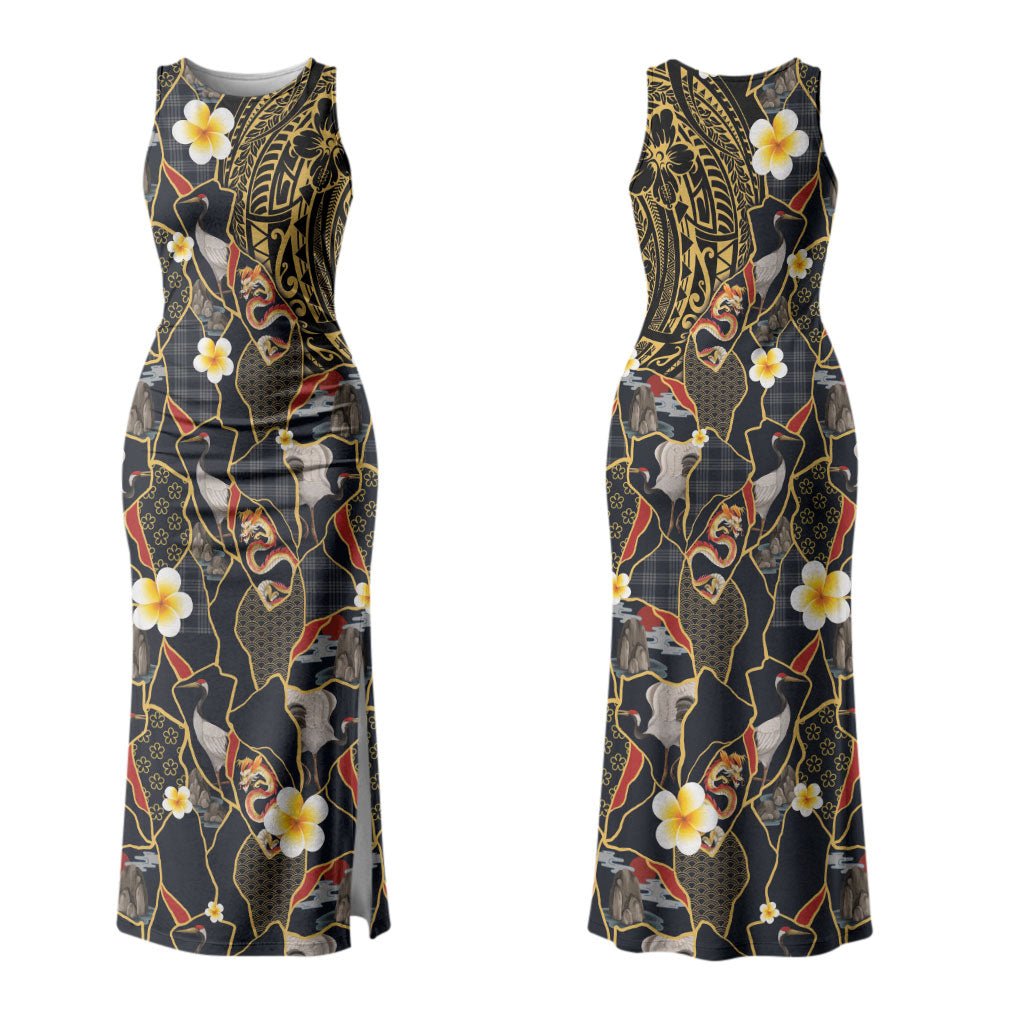 Hawaiian and Japanese Family Matching Tank Maxi Dress and Hawaiian Shirt Polynesian Tattoo with Japanese Culture Kintsugi Style LT03 Mom's Dress Multicolor - Polynesian Pride