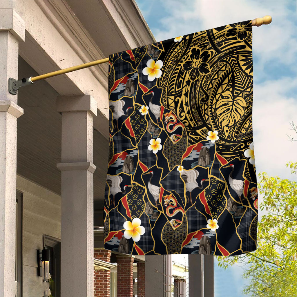 Hawaiian and Japanese Garden Flag Polynesian Tattoo with Japanese Culture Kintsugi Style LT03 House Flag Multicolor - Polynesian Pride