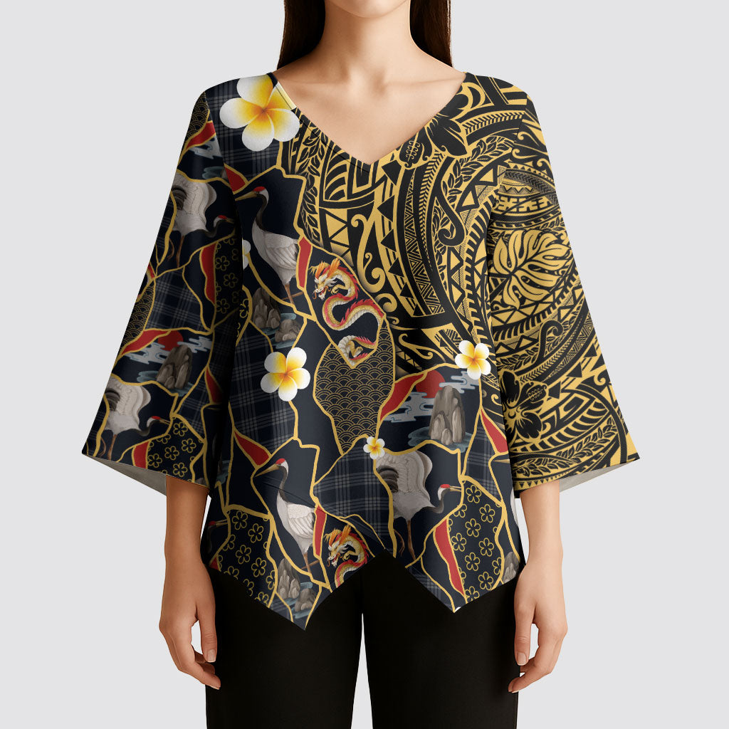 Hawaiian and Japanese Kimono Sleeve Blouse Polynesian Tattoo with Japanese Culture Kintsugi Style LT03 - Polynesian Pride