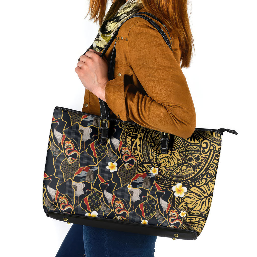 Hawaiian and Japanese Leather Tote Bag Polynesian Tattoo with Japanese Culture Kintsugi Style LT03 Multicolor - Polynesian Pride