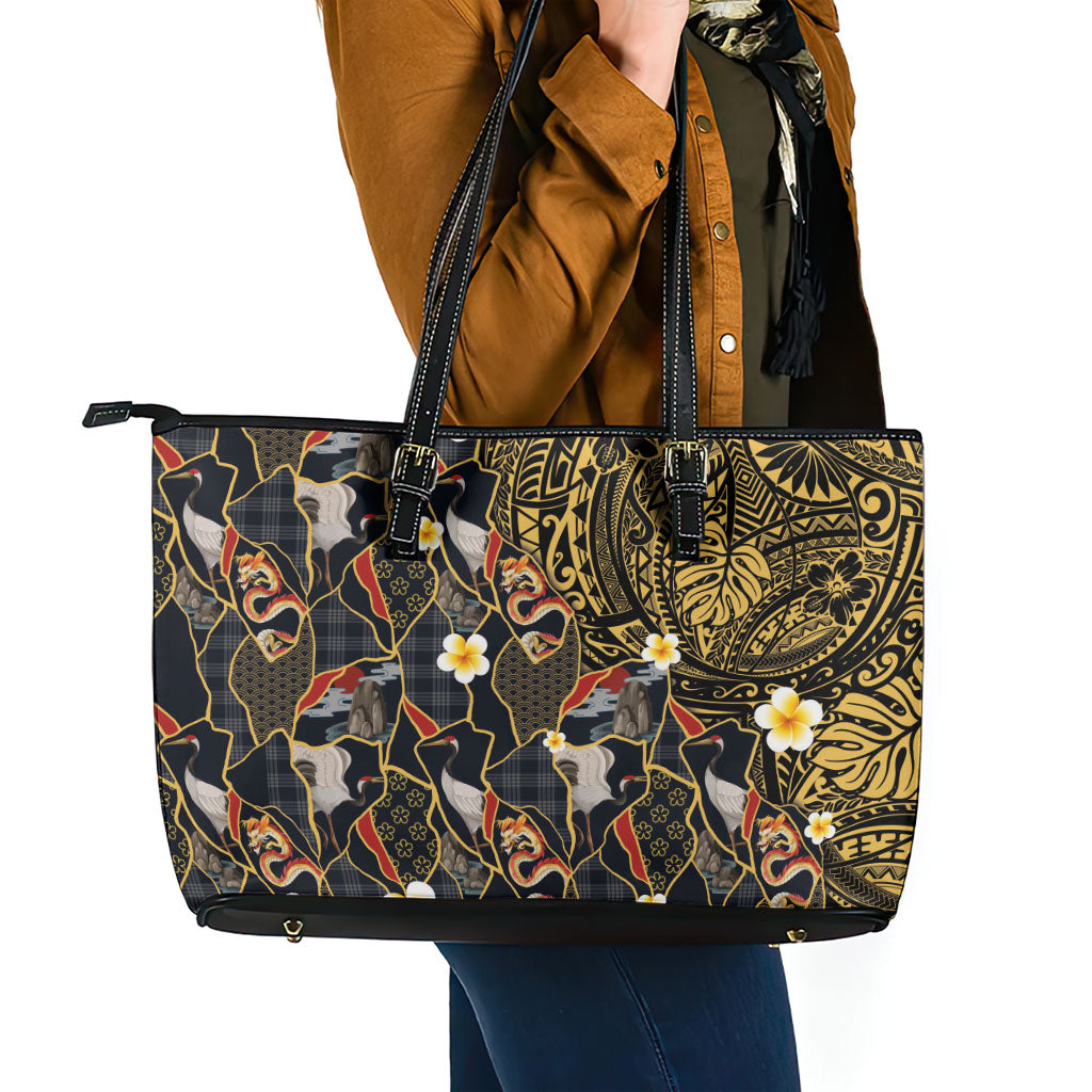 Hawaiian and Japanese Leather Tote Bag Polynesian Tattoo with Japanese Culture Kintsugi Style LT03 - Polynesian Pride