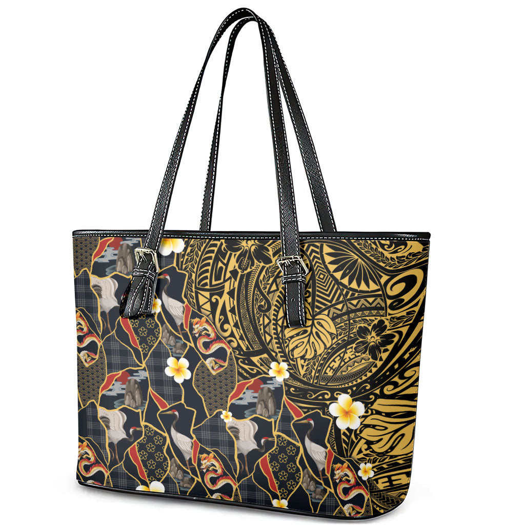 Hawaiian and Japanese Leather Tote Bag Polynesian Tattoo with Japanese Culture Kintsugi Style LT03 - Polynesian Pride