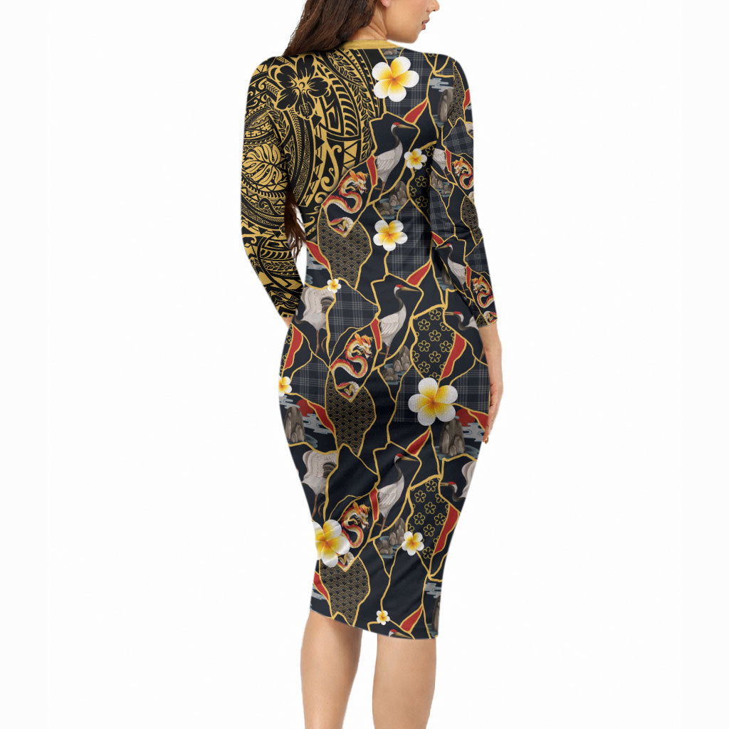 Hawaiian and Japanese Long Sleeve Bodycon Dress Polynesian Tattoo with Japanese Culture Kintsugi Style LT03 - Polynesian Pride