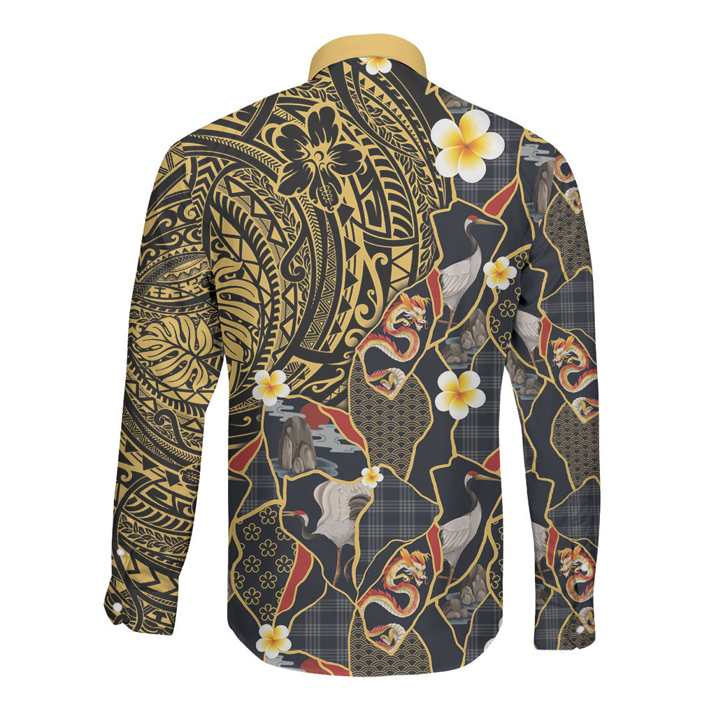 Hawaiian and Japanese Long Sleeve Button Shirt Polynesian Tattoo with Japanese Culture Kintsugi Style LT03 - Polynesian Pride