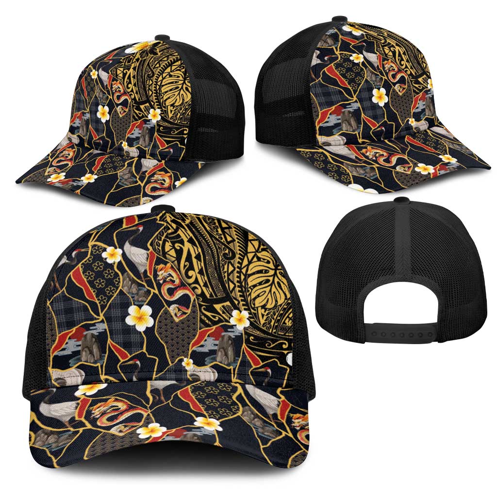 Hawaiian and Japanese Mesh Trucker Cap Polynesian Tattoo with Japanese Culture Kintsugi Style LT03 - Polynesian Pride