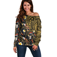 Hawaiian and Japanese Off Shoulder Sweater Polynesian Tattoo with Japanese Culture Kintsugi Style LT03 Women Multicolor - Polynesian Pride