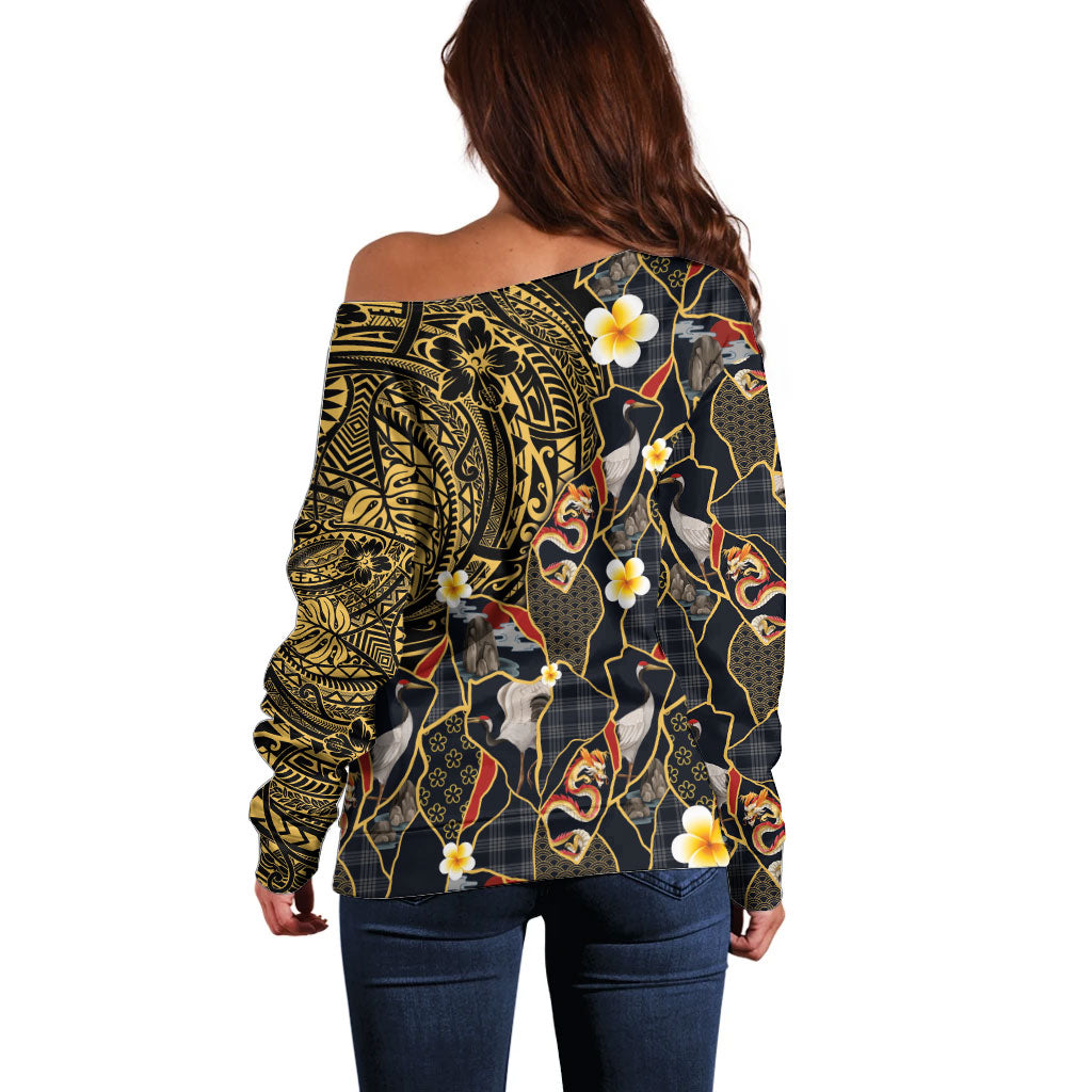 Hawaiian and Japanese Off Shoulder Sweater Polynesian Tattoo with Japanese Culture Kintsugi Style LT03 - Polynesian Pride