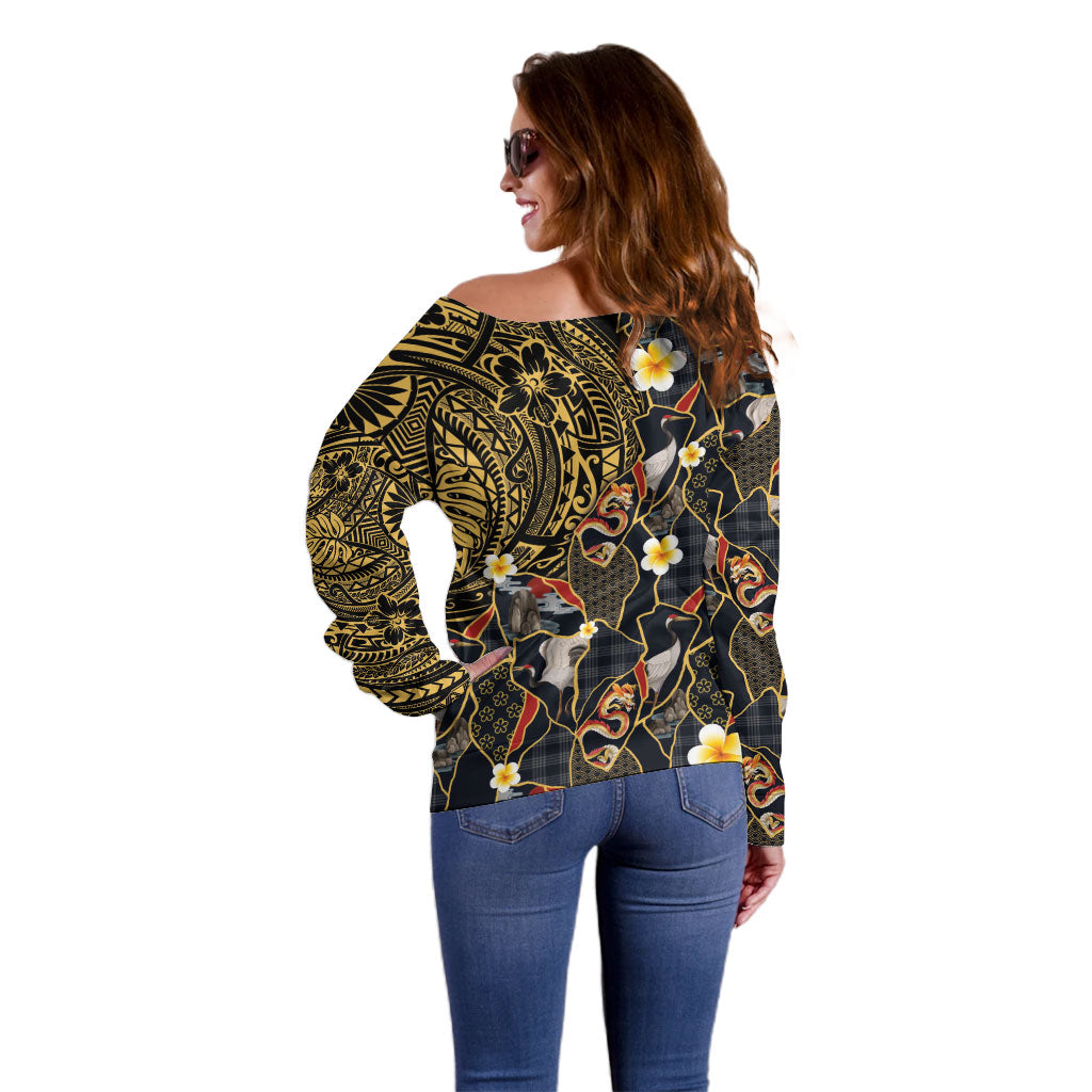 Hawaiian and Japanese Off Shoulder Sweater Polynesian Tattoo with Japanese Culture Kintsugi Style LT03 - Polynesian Pride