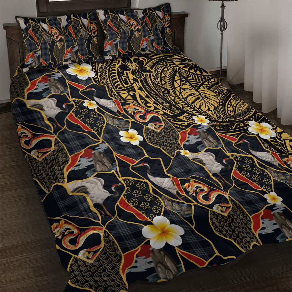 Hawaiian and Japanese Quilt Bed Set Polynesian Tattoo with Japanese Culture Kintsugi Style LT03 Multicolor - Polynesian Pride