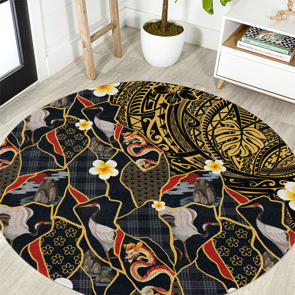Hawaiian and Japanese Round Carpet Polynesian Tattoo with Japanese Culture Kintsugi Style LT03 Multicolor - Polynesian Pride