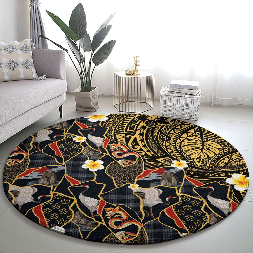 Hawaiian and Japanese Round Carpet Polynesian Tattoo with Japanese Culture Kintsugi Style LT03 - Polynesian Pride