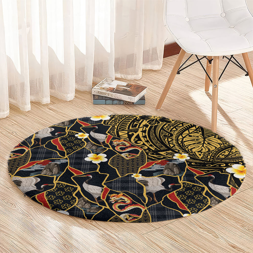Hawaiian and Japanese Round Carpet Polynesian Tattoo with Japanese Culture Kintsugi Style LT03 - Polynesian Pride