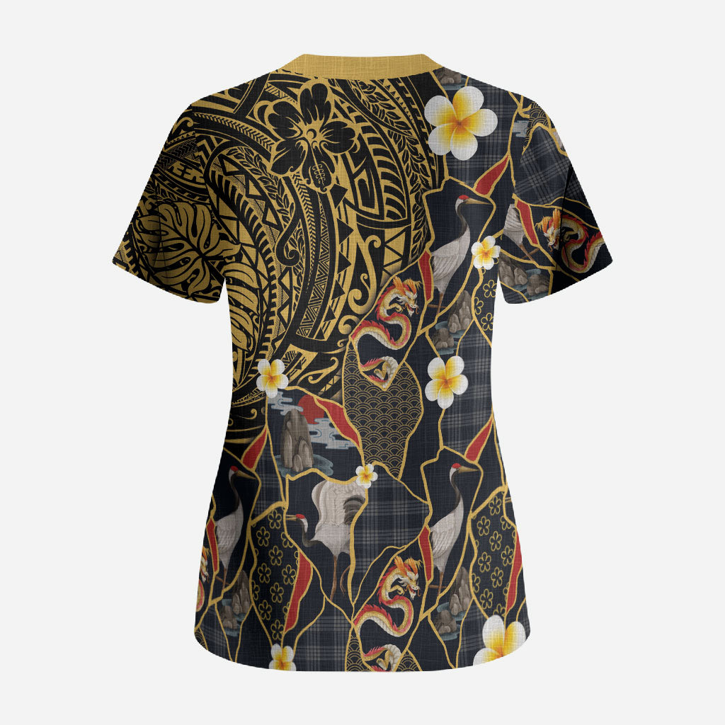 Hawaiian and Japanese Scrub Top Polynesian Tattoo with Japanese Culture Kintsugi Style LT03 - Polynesian Pride