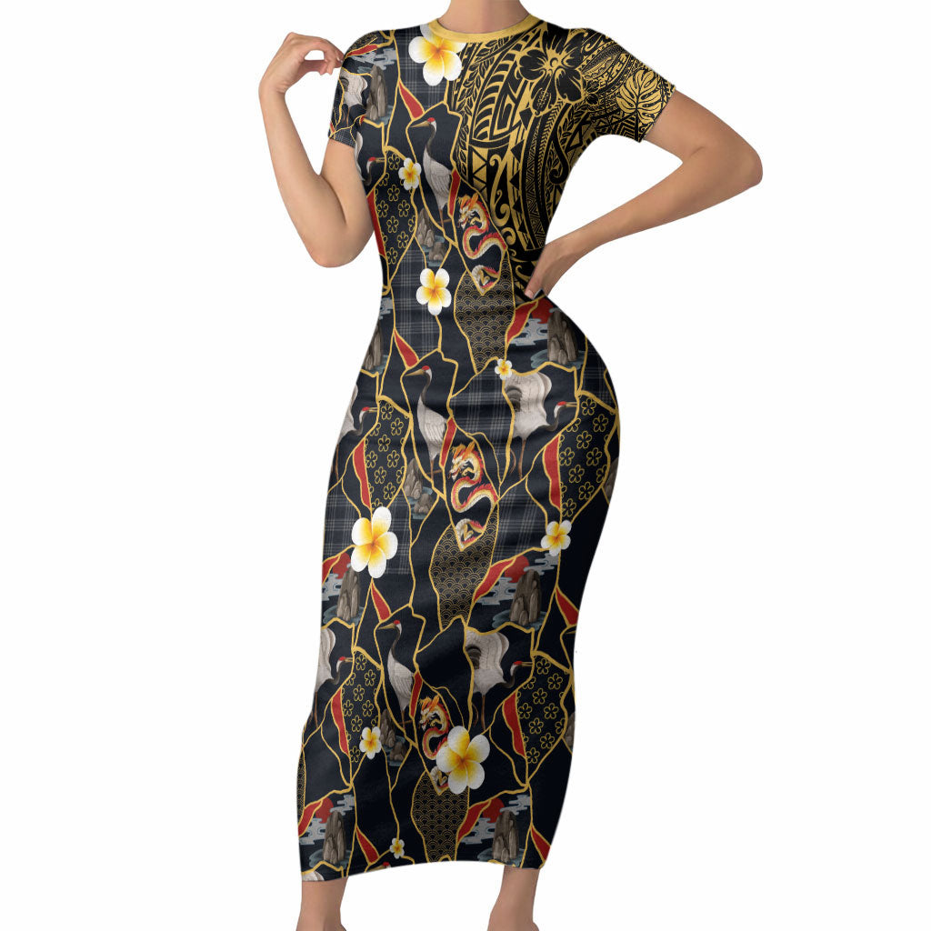 Hawaiian and Japanese Short Sleeve Bodycon Dress Polynesian Tattoo with Japanese Culture Kintsugi Style LT03 Long Dress Multicolor - Polynesian Pride